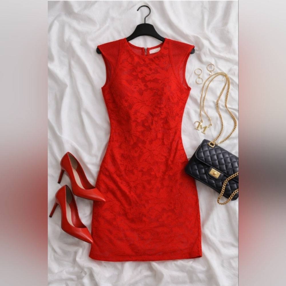 Red Bodycon Mini Dress Mesh Textured Mob Wife Date Night Party Dress M - Picture 1 of 14